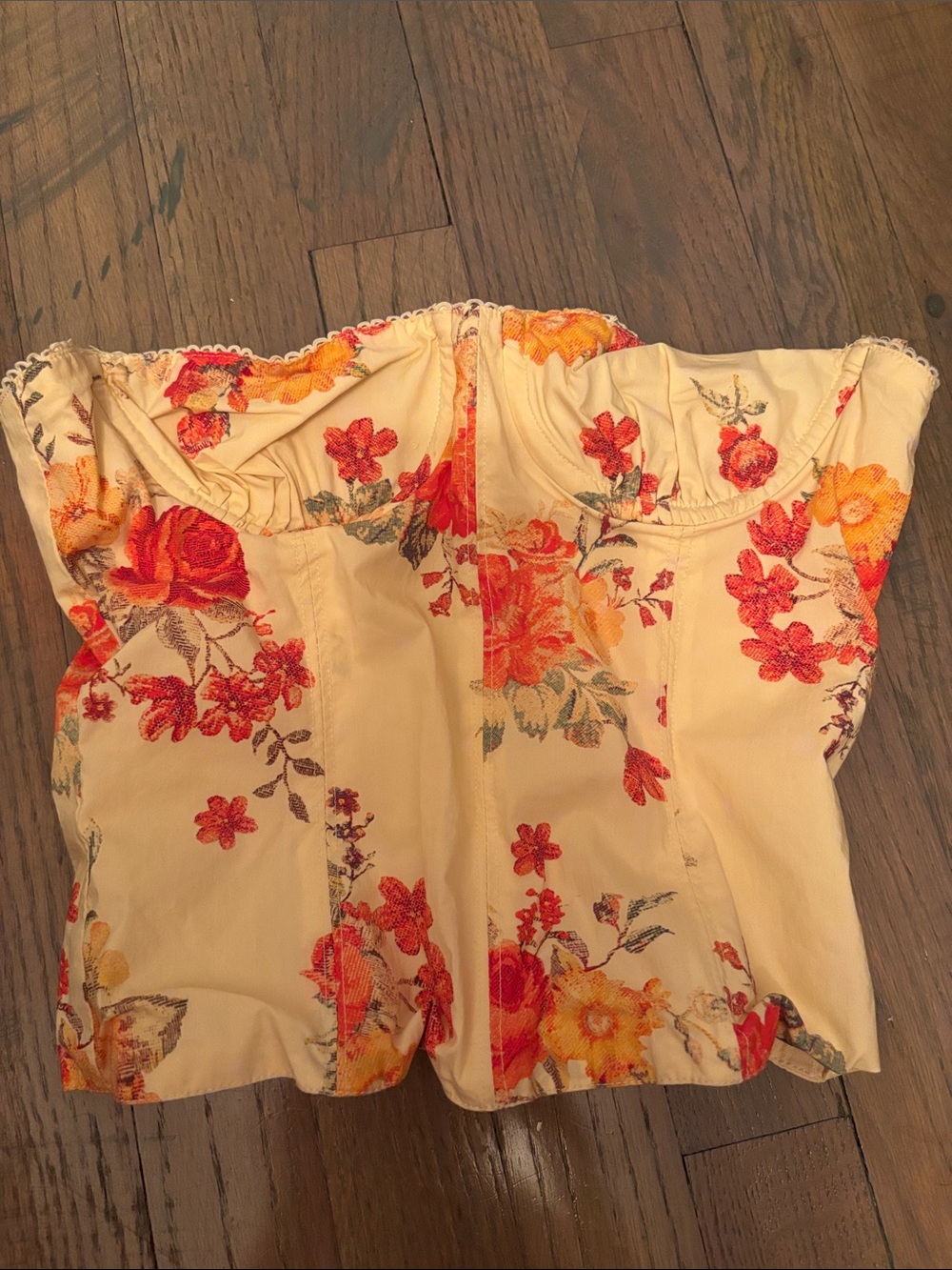 DANIELLE BERNSTEIN Floral Strapless Bustier Top in Cream and Orange-Red